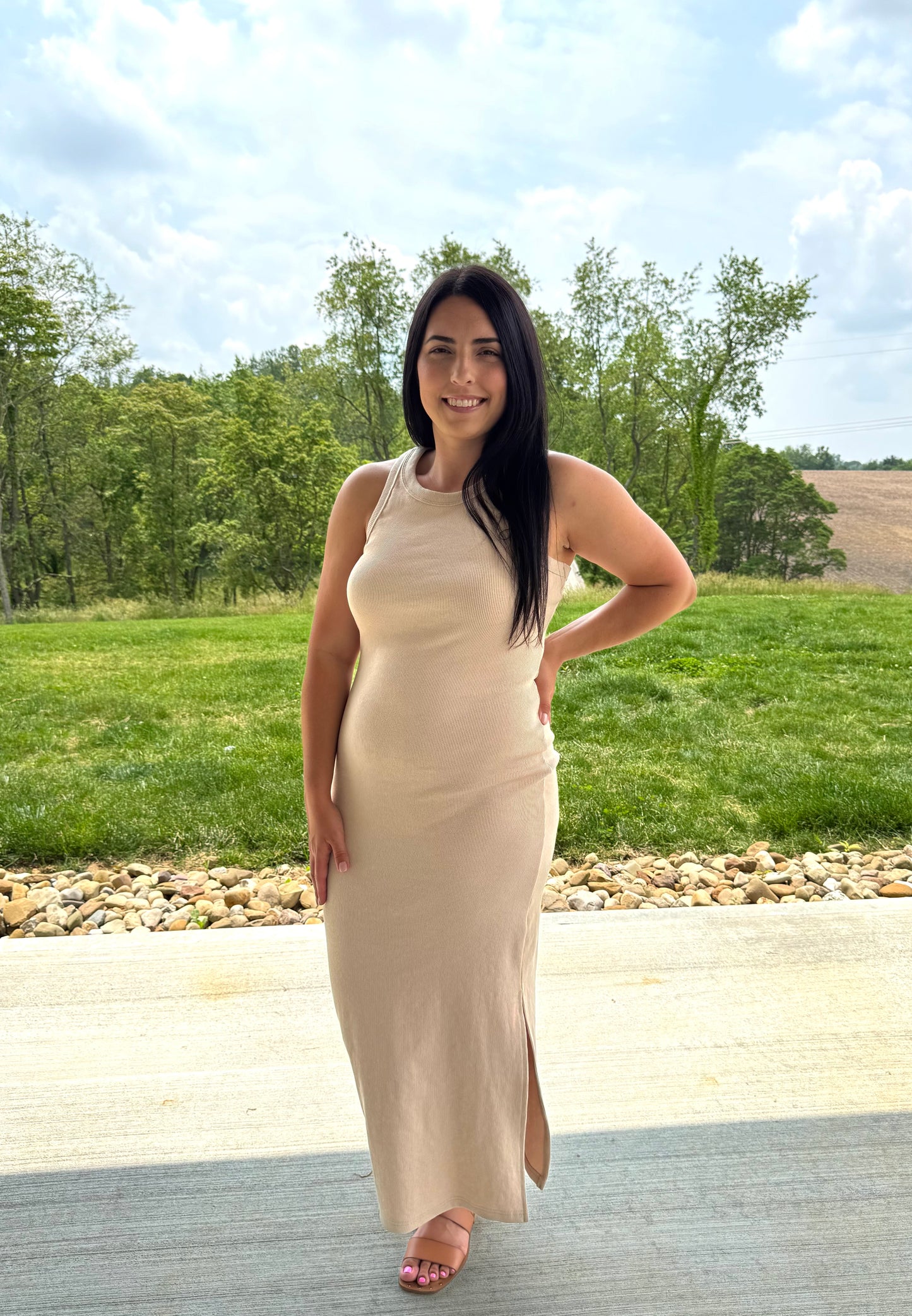 Staple Ribbed Bodycon Midi Dress - Nude