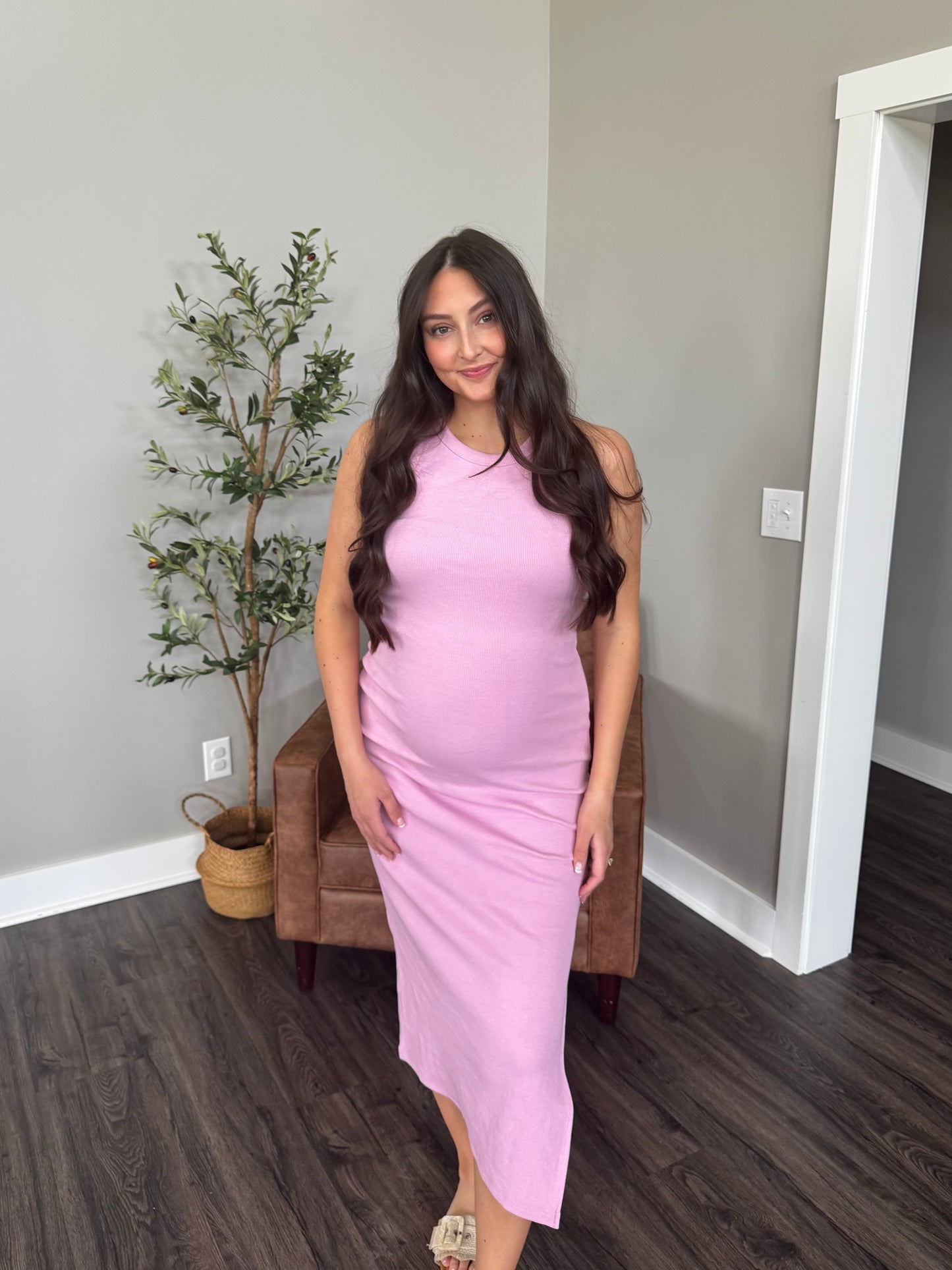 Staple Ribbed Bodycon Midi Dress - Pink Lavender