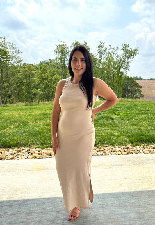 Staple Ribbed Bodycon Midi Dress - Nude